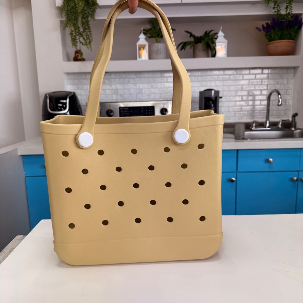 Stylish Beige EVA Tote Bag with White Buttons